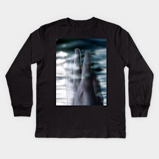 Digital collage and special processing. Hand near soft light. Soft and calm. To exist. Blue. Kids Long Sleeve T-Shirt